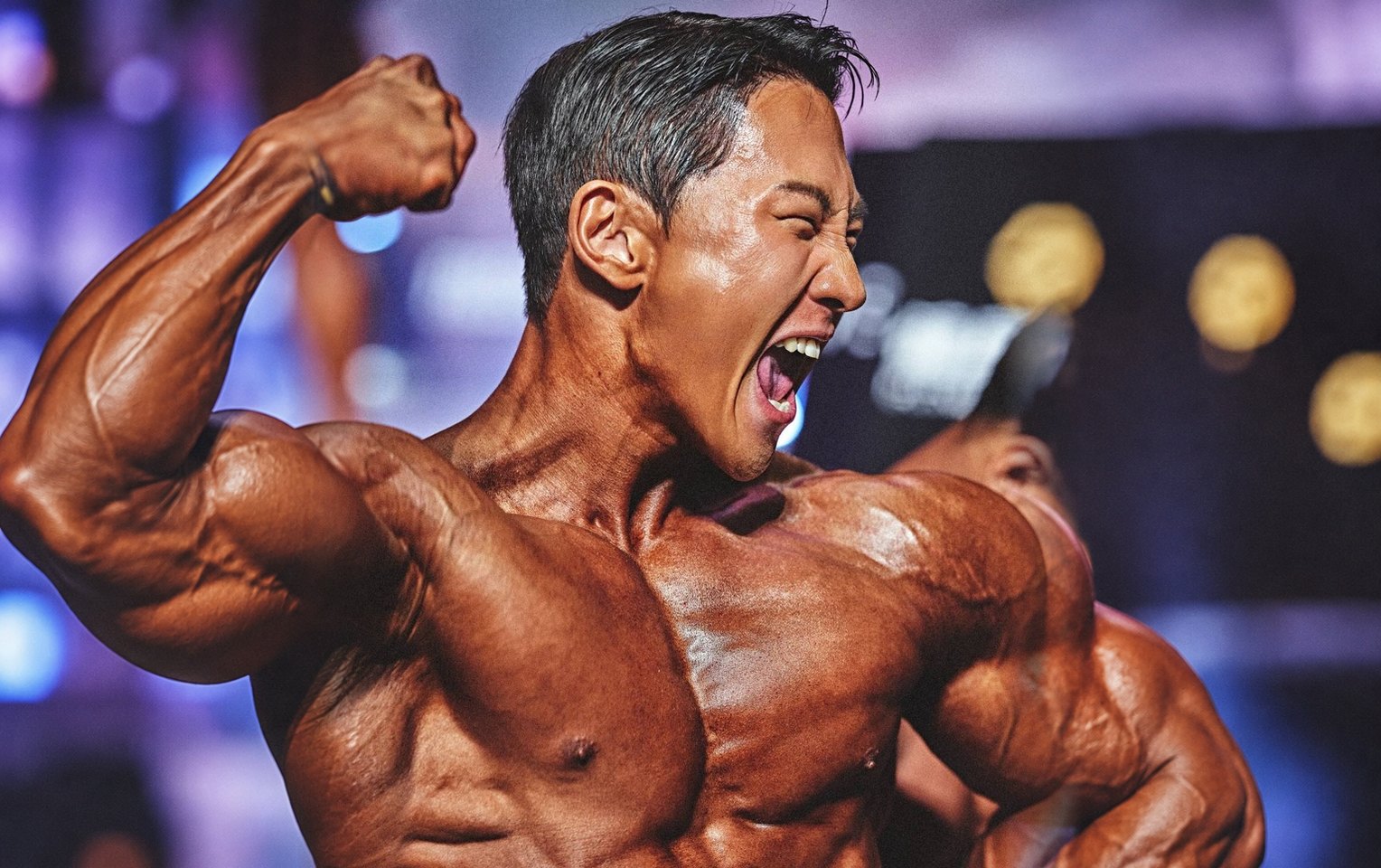 보디빌딩 대회 무대에서 주먹을 들고 포효하는 선수의 얼굴과 상체